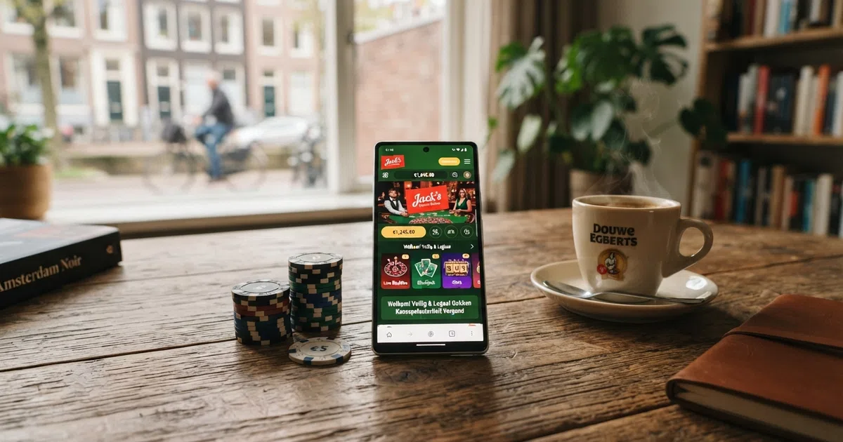 Het KSA-keurmerk naast een smartphone met een Nederlands online casino op het scherm, met een koffie erbij.