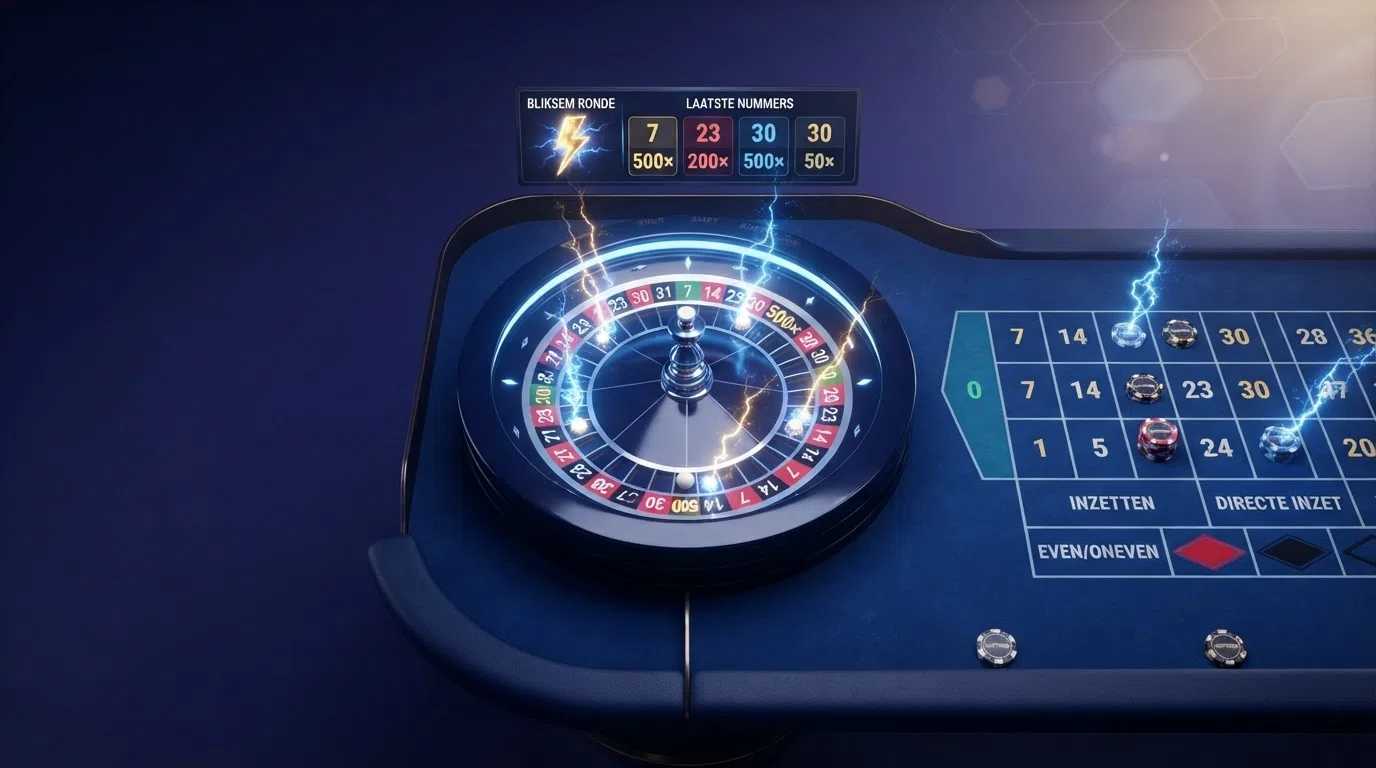 Een schermafbeelding van een Lightning Roulette tafel met de karakteristieke bliksemschichten en vermenigvuldigingsgetallen (50× tot 500×) zichtbaar op het tableau.