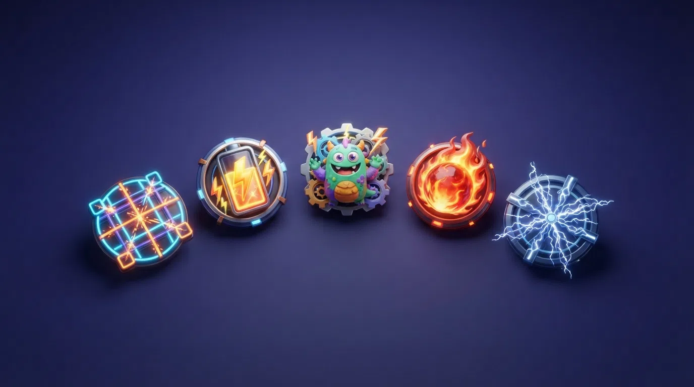De vijf bonusgame-segmenten op de DigiWheel van Lightning Storm: Hot Spot, Battery Charger, Monster Mash, Fireball en Lightning Storm