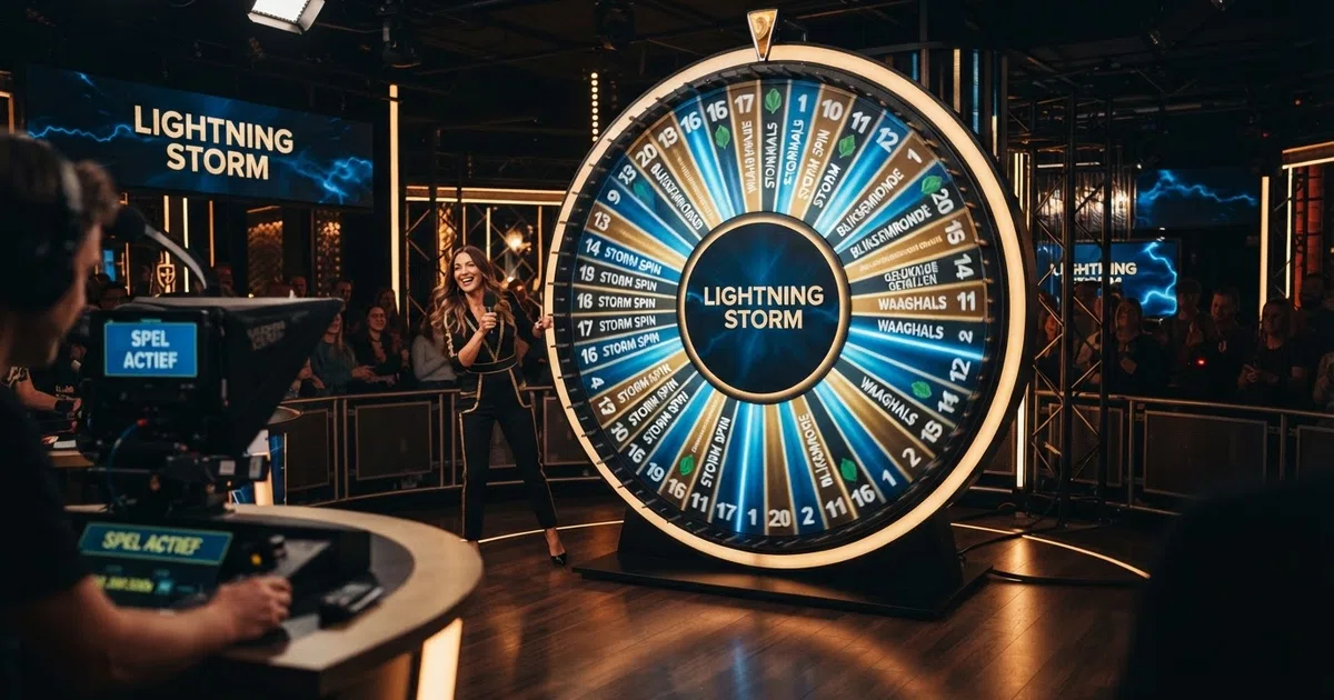 De verlichte DigiWheel van Lightning Storm met een live presentator in de Evolution-studio in Riga, Letland