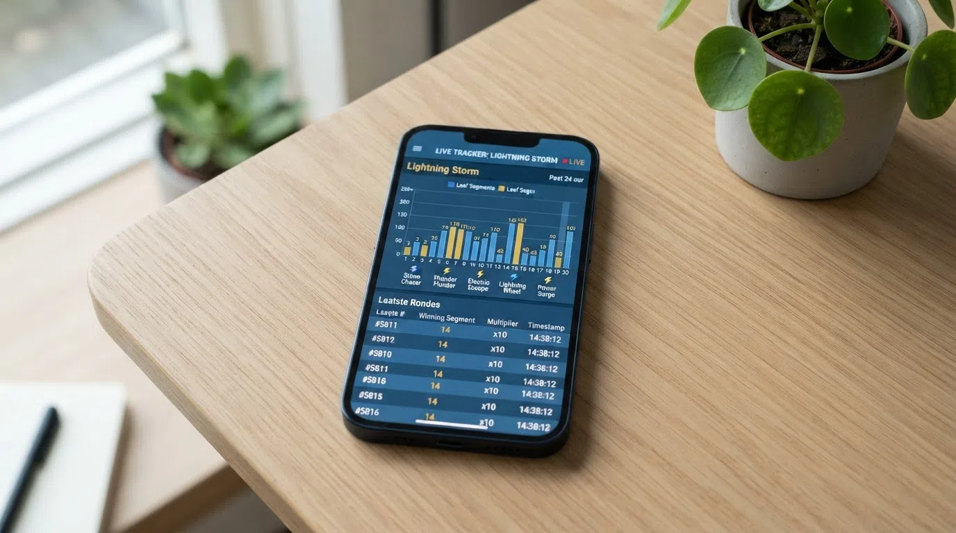 Een dashboard met live resultaten en statistieken van Lightning Storm, inclusief rondegeschiedenis en multiplier-tracking