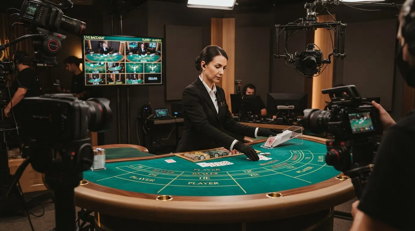 Een professionele live casino-studio met meerdere camerastandpunten, een dealer aan de baccarat-tafel en monitoren die de actieve live-stream en inzetopties weergeven.