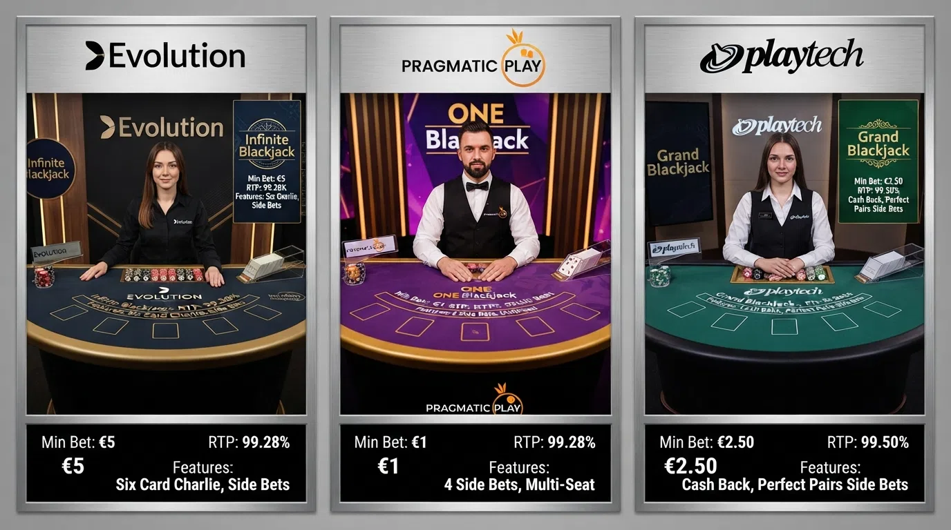 Een overzichtelijke vergelijkingstabel of split-screen van verschillende live blackjack-tafels van Nederlandse aanbieders, verschillend in provider en tafelopstelling.
