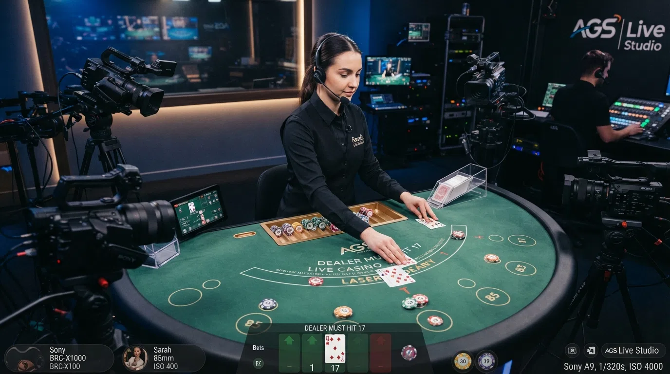 Close-up van een live dealer in een professionele studio-omgeving met meerdere camera's, een blackjack-tafel, en een monitor met digital overlay zichtbaar.