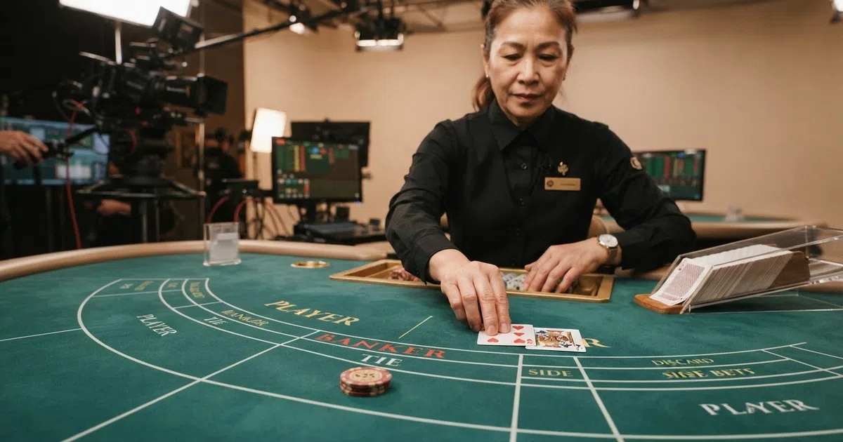 Een live baccarat tafel in een casino-studio met een echte dealer die kaarten deelt, gefilmd vanuit een close-up camerastandpunt met de inzetopties zichtbaar op het scherm.
