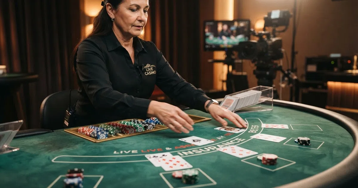 Een live blackjack-tafel in een studio met een echte dealer die kaarten deelt, close-up van de tafel met fiches en kaarten zichtbaar.
