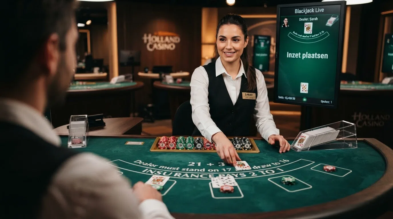 Een live dealer aan een blackjacktafel met een Nederlands-talige interface op het scherm, spelers kunnen inzetten plaatsen