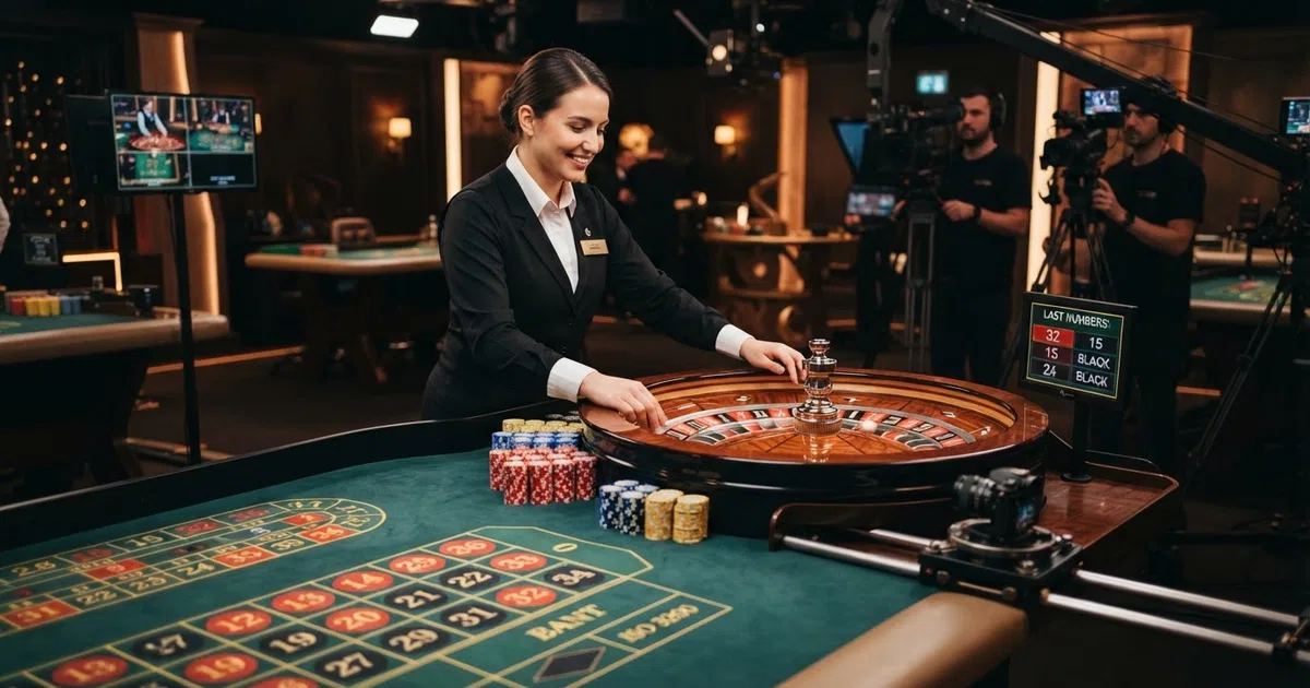 Een live dealer in een casino-studio met een roulettetafel, zichtbaar via camerabeeld op een scherm