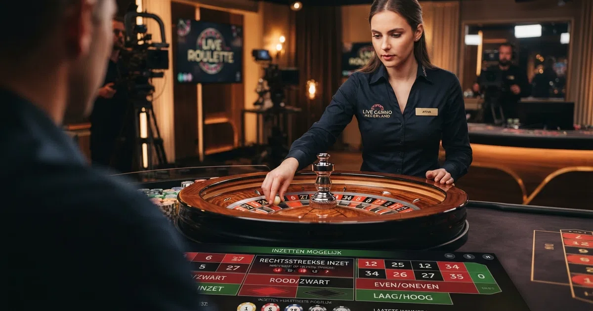 Een close-up van een live roulette wiel in een studio, met een croupier die de bal inzet en het digitale tableau zichtbaar op de voorgrond.