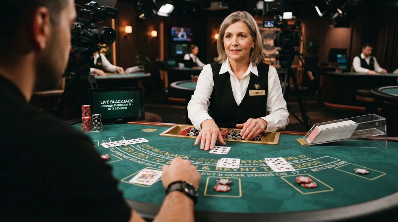 Een live casino-studio met meerdere camerahoeken, een blackjacktafel, en een dealer die een kaart omdraait