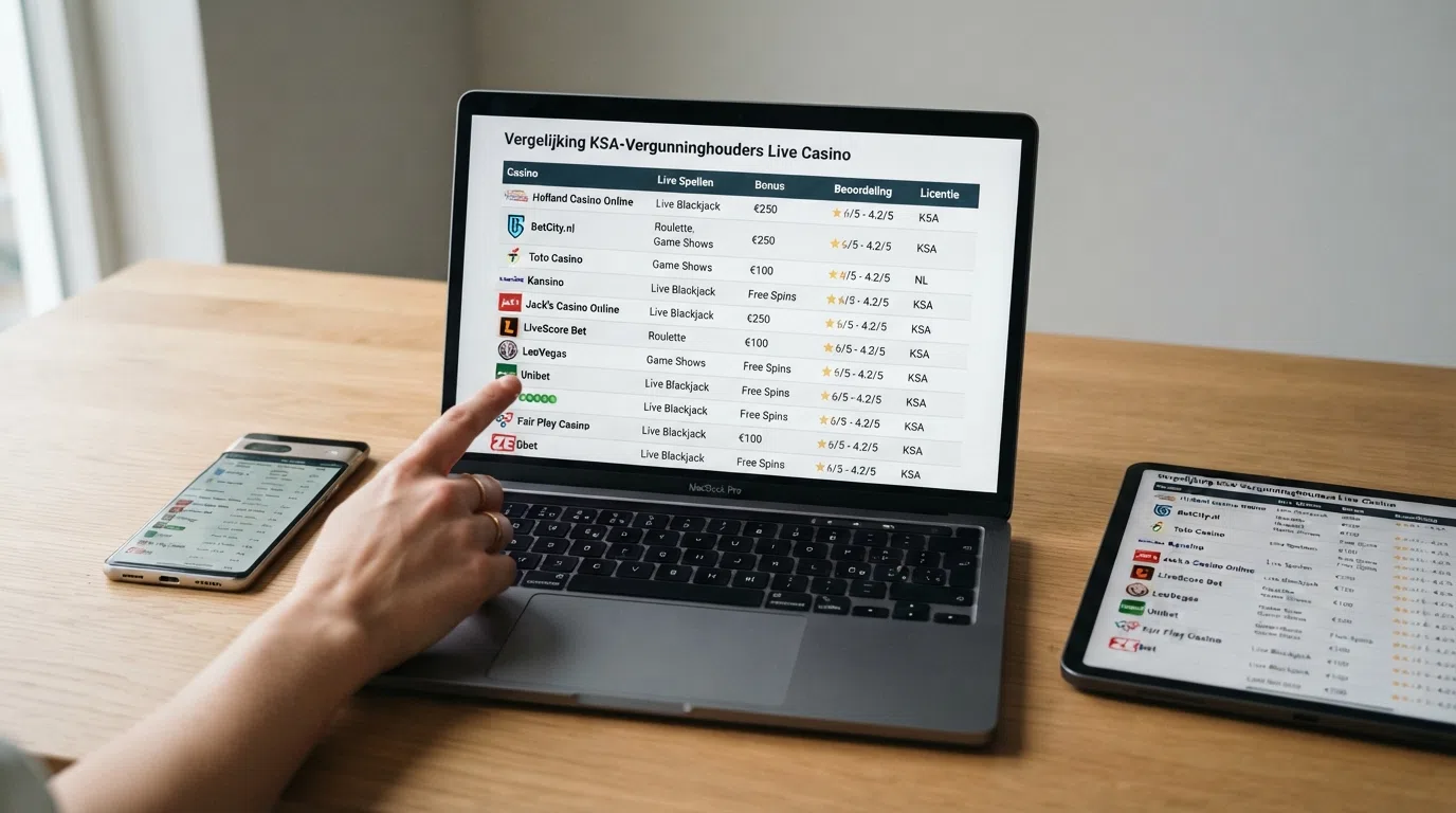 Een overzichtelijke vergelijkingstabel op een beeldscherm met de logo's van Nederlandse live casino-operators, een laptop en een smartphone ernaast, tegen een neutrale achtergrond