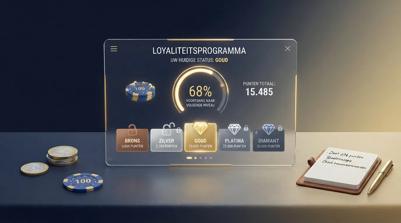 Een gestileerd overzicht van een online casino-loyaliteitsprogramma met statusniveaus, puntentegoed en een voortgangsbalk naar het volgende niveau