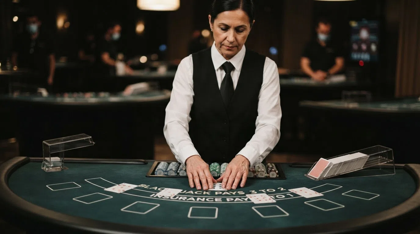 Een live dealer aan een blackjacktafel met een overlay van het Litecoin-logo en casino-chips in beeld