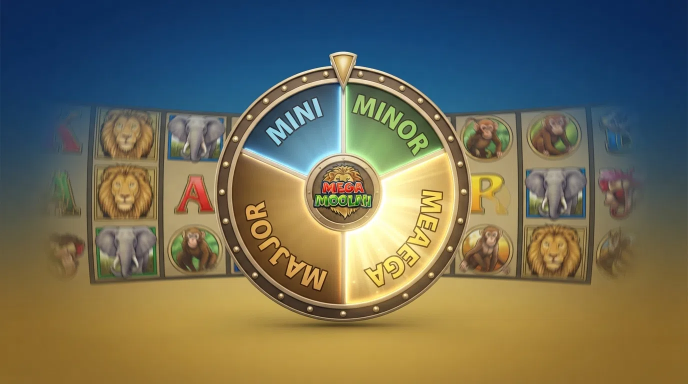 Het speelscherm van de Mega Moolah slot met de vier progressieve jackpot-niveaus (Mini, Minor, Major, Mega) en het jackpot-wiel zichtbaar