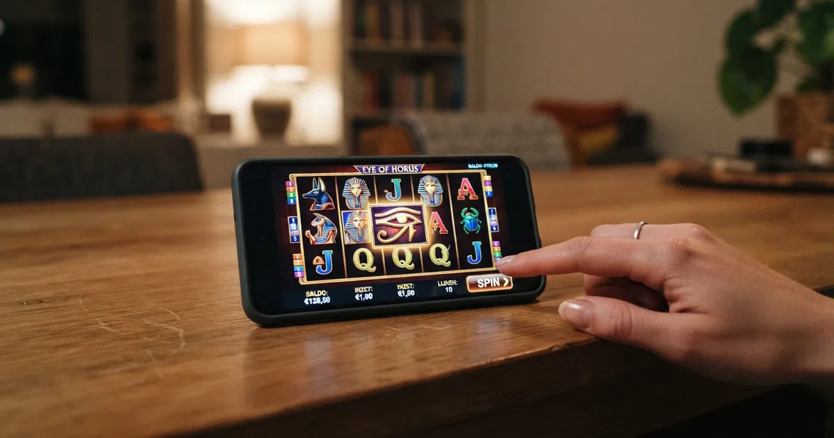 Het Merkur Casino-logo met het kenmerkende zonnige gezichtje op een diepblauwe achtergrond, geflankeerd door online gokkast-symbolen