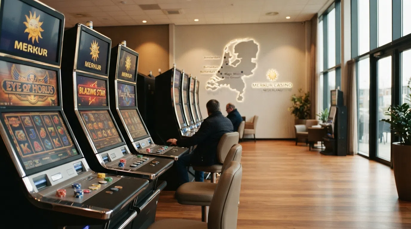 Een overzichtelijke kaart van Nederland met de zes Merkur Casino-locaties gemarkeerd: Aalsmeer, Almere, Amsterdam, Boskoop, Hoofddorp en Rotterdam