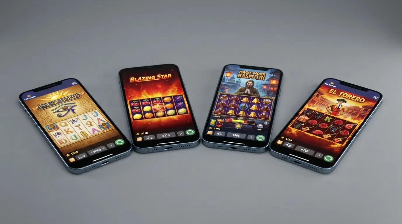 Vier populaire Merkur-slots naast elkaar: Eye of Horus, Blazing Star, Magic Monk Rasputin en El Torero, met hun kenmerkende symbolen en kleurenschema's