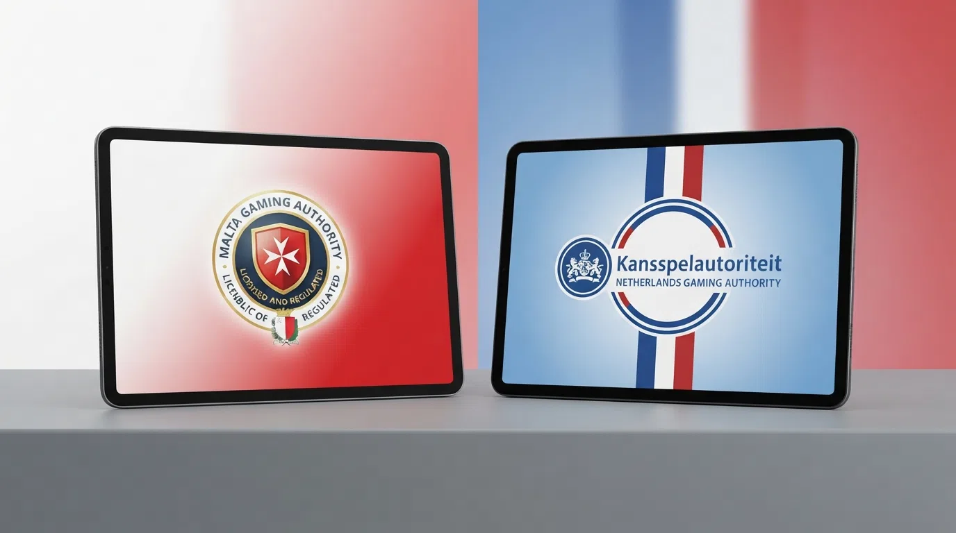 Een gesplitst scherm met links het MGA-keurmerk op een internationaal casino en rechts het KSA-register op kansspelautoriteit.nl