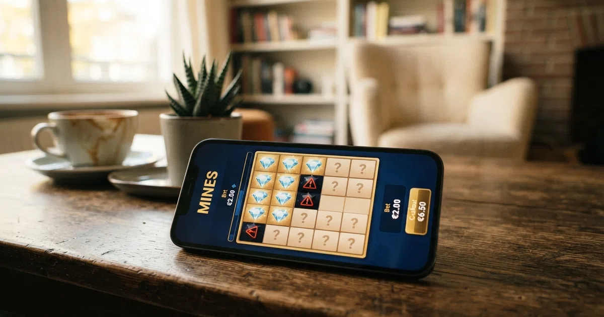 Een 5×5-raster van het Mines-casinospel met enkele geopende sterren (diamanten) en een nog afgedekte mijn, met de cashoutknop en multiplier in beeld