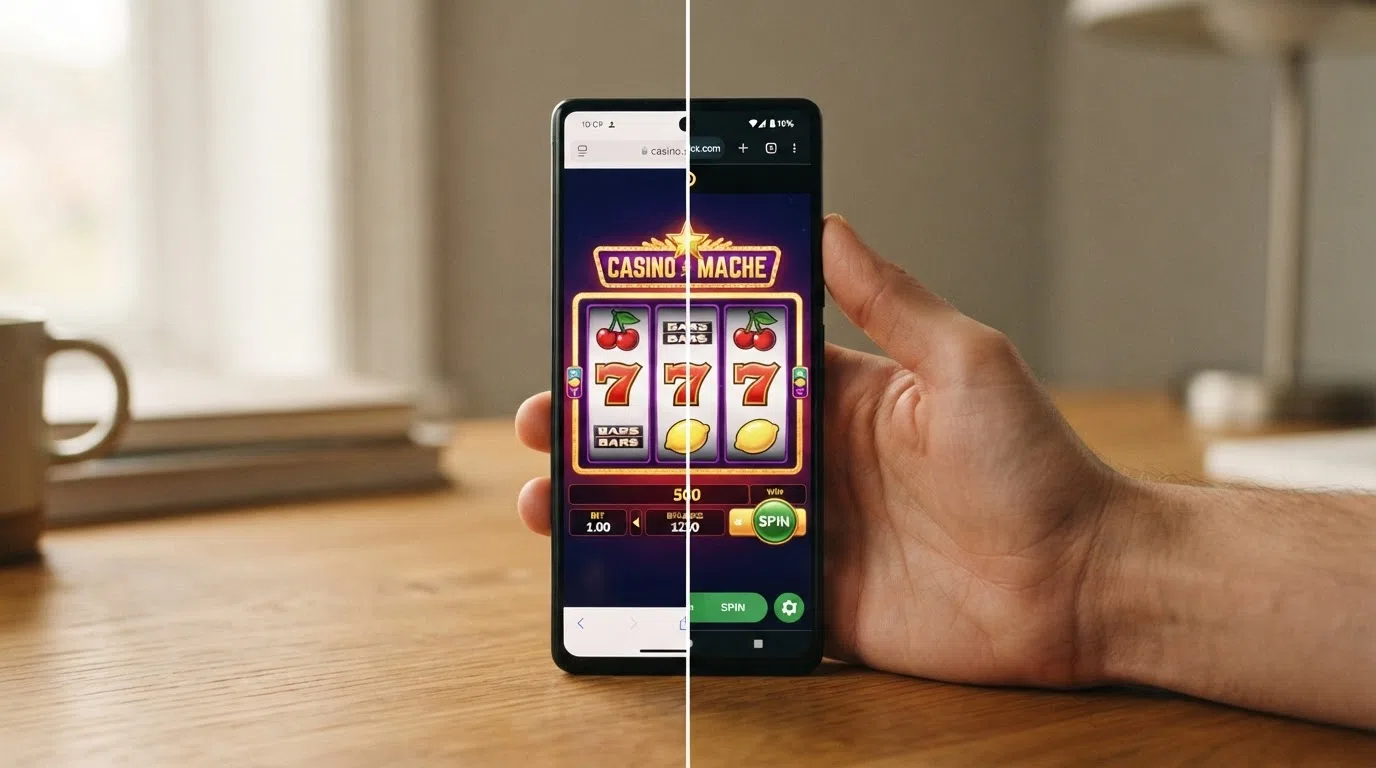 Een smartphone-scherm met links een casino in de browser en rechts een casino-app — beide tonen dezelfde gokkast