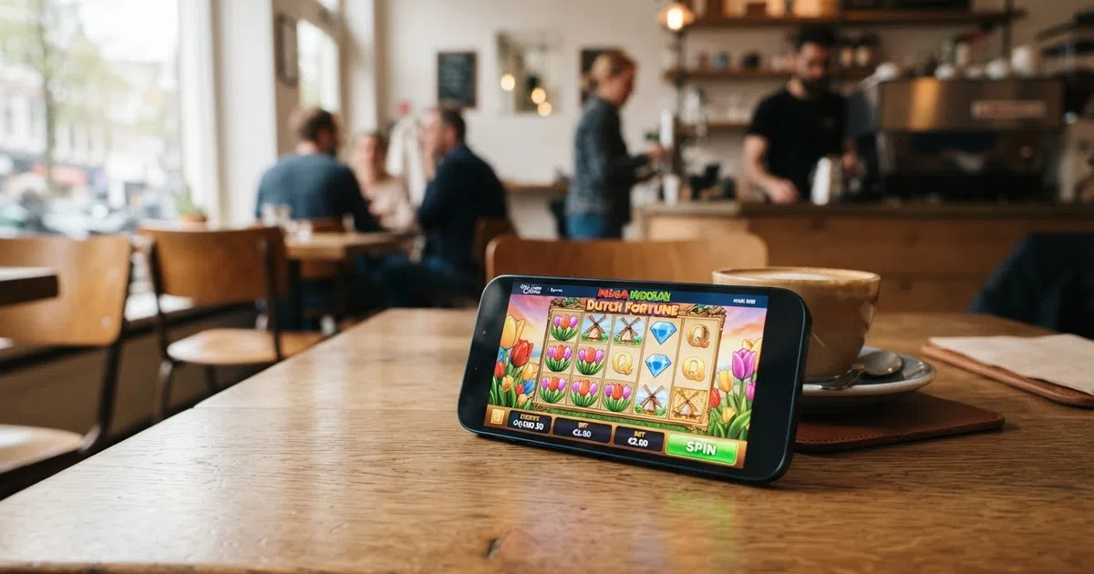 Een smartphone met daarop een geopend mobiel casino, het scherm toont een kleurrijke gokkast in landschapsmodus, de telefoon ligt op een cafétafel