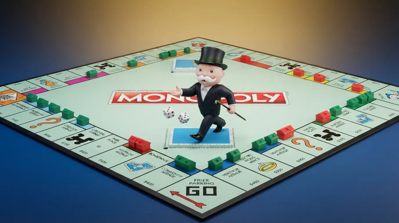 Mr. Monopoly loopt over een 3D-geanimeerd Monopoly-bord met groene huizen, rode hotels en kanskaarten, terwijl dobbelstenen over het bord rollen.