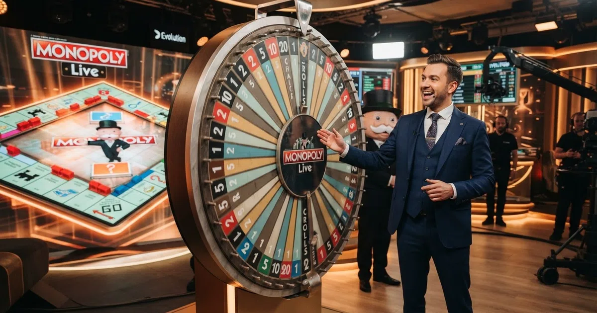 Een live-presentator staat naast een groot draaiend geldwiel met 54 gekleurde segmenten in een Evolution Gaming-studio, met het Monopoly-bordspelthema zichtbaar op de achtergrond.