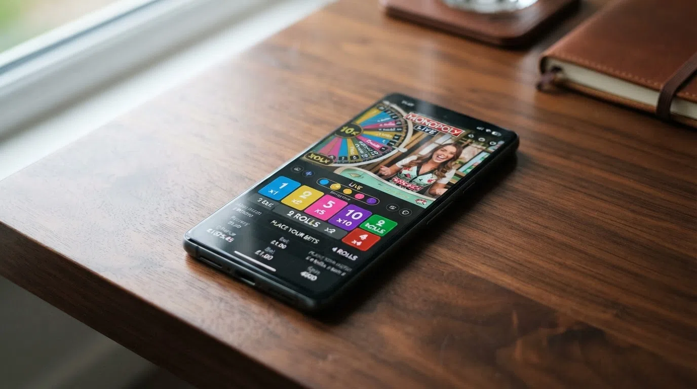 Een smartphone toont de Monopoly Live-interface in verticale weergave: het wiel bovenaan, de inzetopties onderaan, en de live-presentator in beeld.