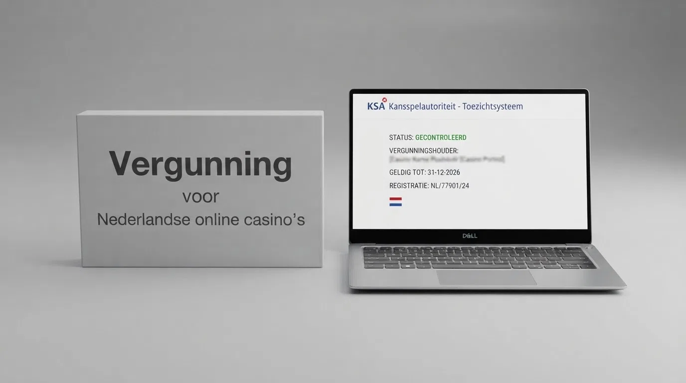 Het Ksa-logo op een officieel document naast een screenshot van het openbare vergunningenregister met de namen van vergunde exploitanten