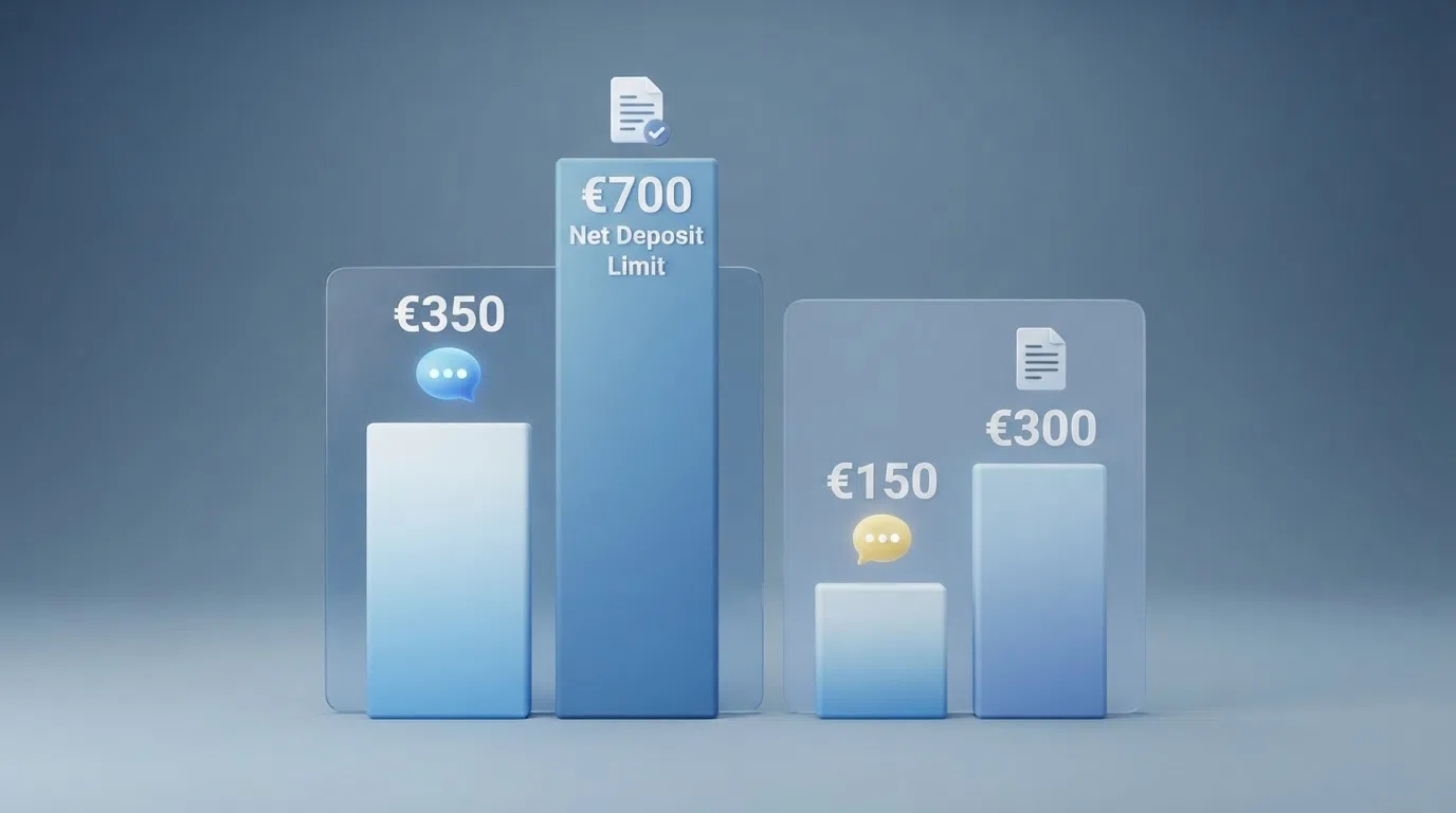Een visuele weergave van de tweeledige limiet: een balk die het grensbedrag van €350 markeert met een contactmoment-icoon, en een hogere balk op €700 met een inkomensbewijs-icoon — ernaast een aparte kolom voor 18–23 met €150 en €300