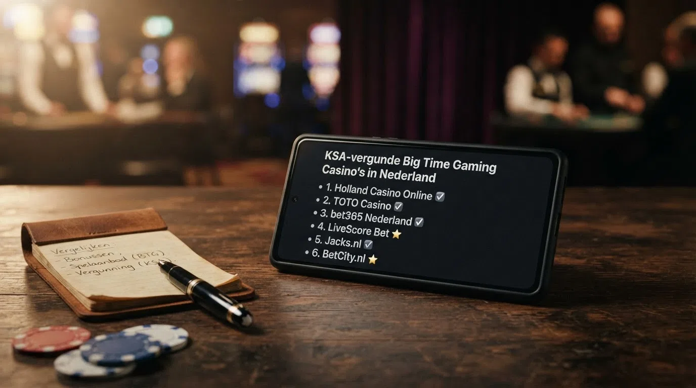 Een rij van zes KSA-vergunde casino-logo's — Unibet, TOTO, Jacks.nl, Kansino, BetCity en Holland Casino Online — in een vergelijkingsopstelling