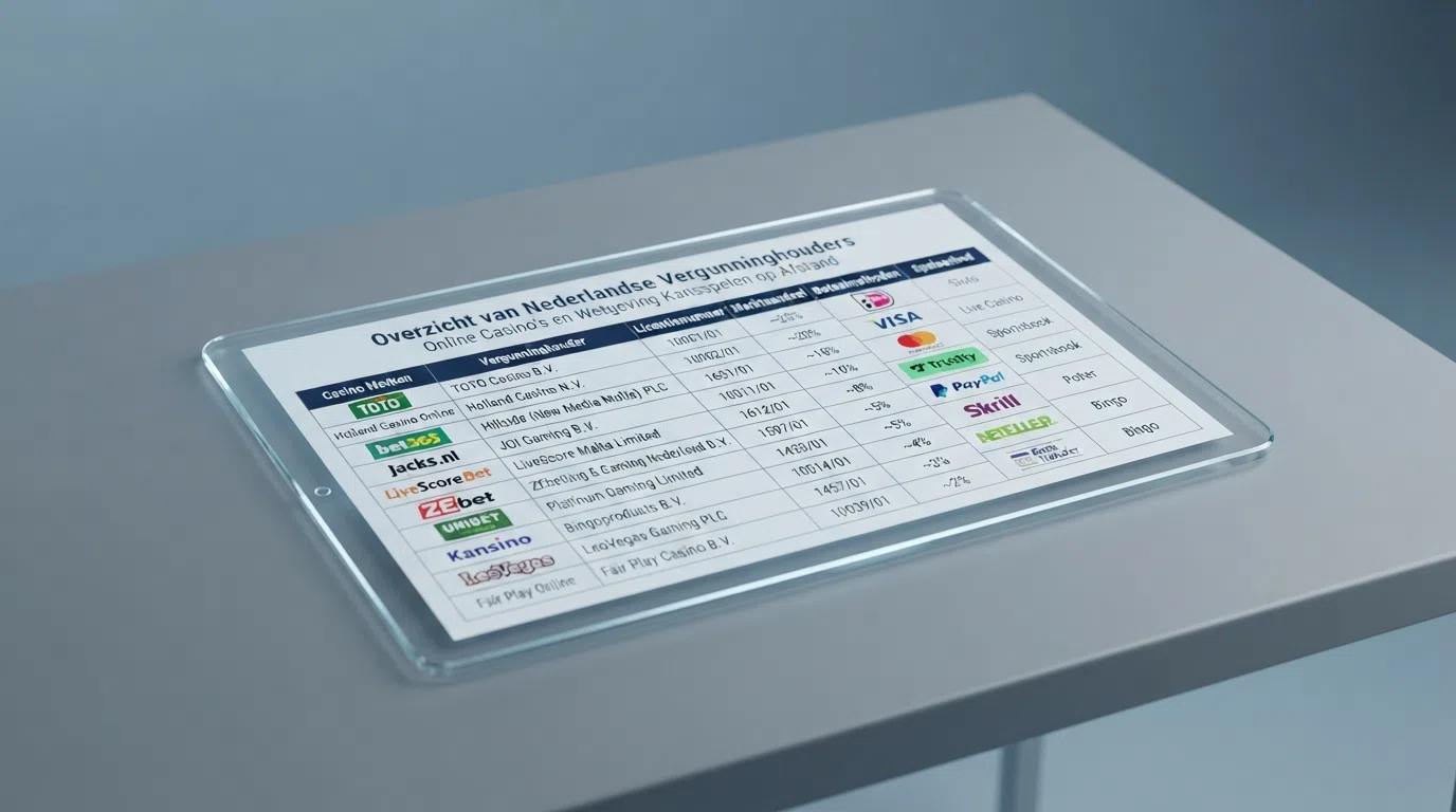 Een overzichtelijke vergelijkingstabel van Nederlandse online casino's met kolommen voor vergunning, marktaandeel en betaalmethoden.