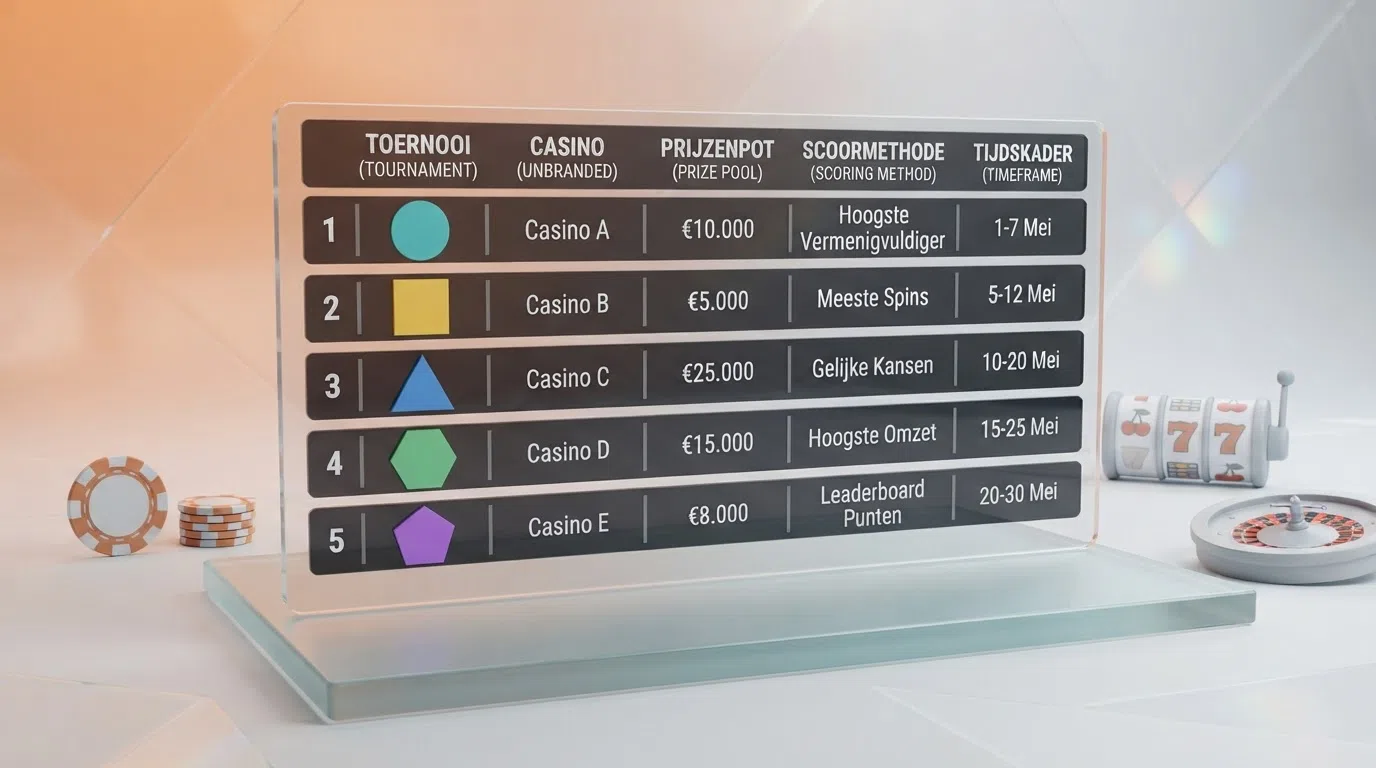 Een overzicht van de logo's van KSA-vergunde online casino's met toernooi-aanbod naast een leaderboard-weergave