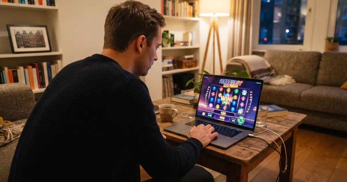 Een Nederlandse speler bekijkt een online casino zonder iDIN-verificatie op een laptop, met een slotspel op het scherm