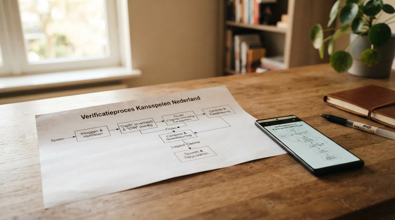 Een stroomschema dat de Nederlandse verificatieketen toont: DigiD als identiteitslaag, iDIN als bankverificatie, Cruks als uitsluitingscontrole, en pas daarna toegang tot het legale casino