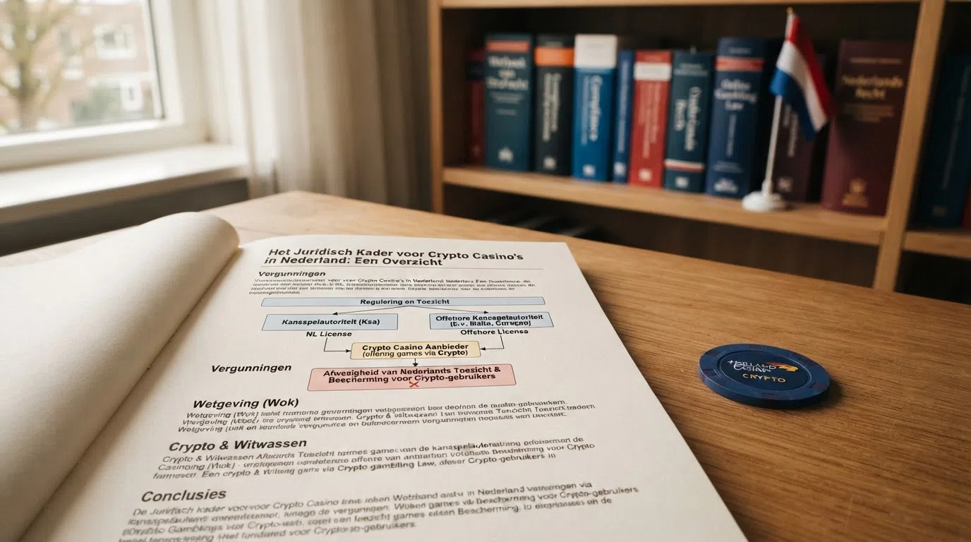 Het logo van de Kansspelautoriteit naast een rood kruis door een Bitcoin-symbool, met daaronder de tekst van de Wet op de kansspelen
