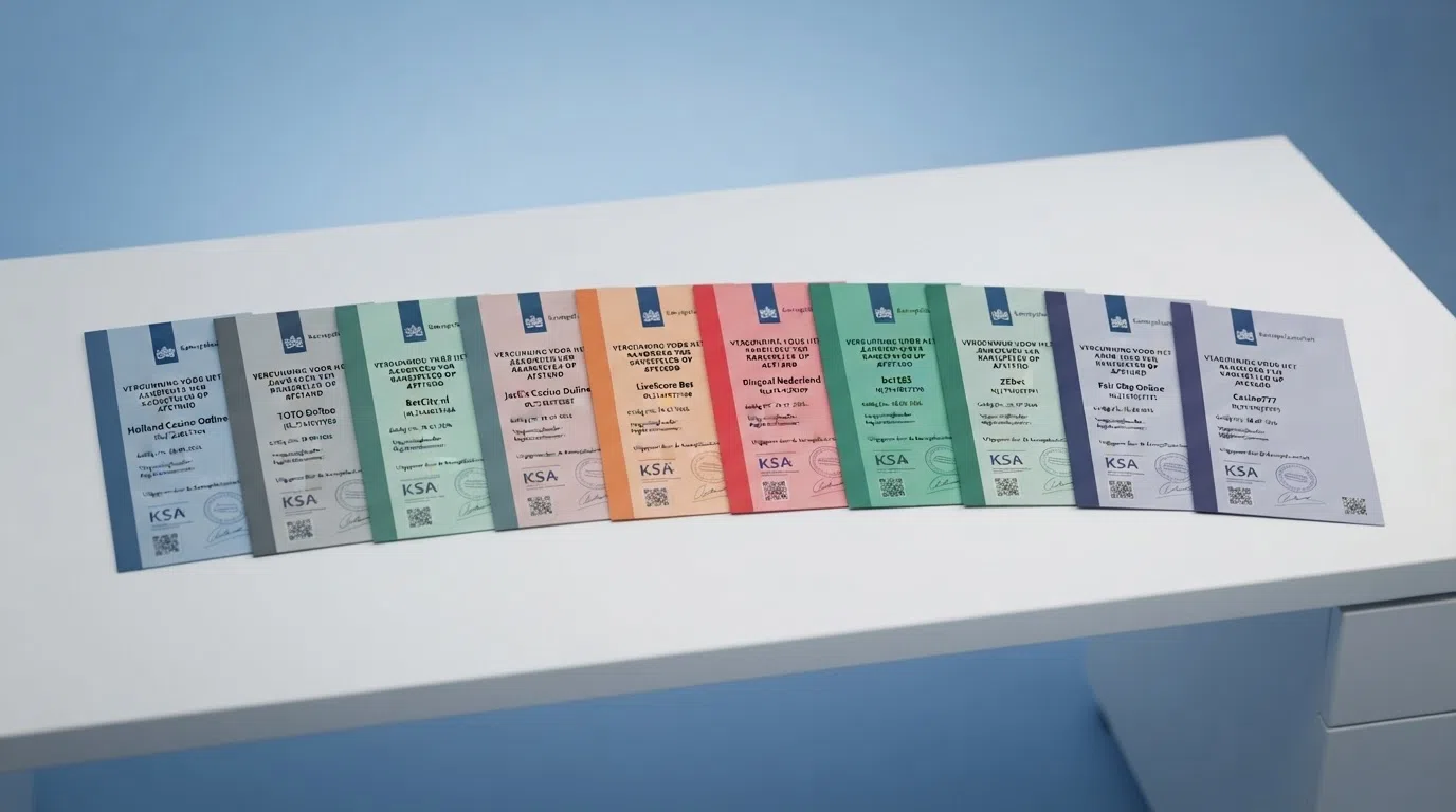 Een overzichtelijke rij van Nederlandse kansspelvergunningen op een bureau, met het Ksa-logo zichtbaar op het document