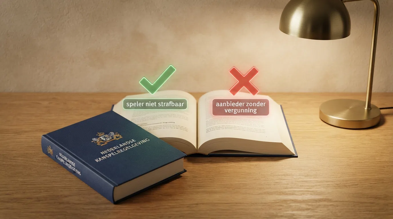 Een gestileerd wetboek met het wapen van de Kansspelautoriteit en een groen vinkje voor 'speler niet strafbaar' en een rood kruis voor 'aanbieder zonder vergunning'