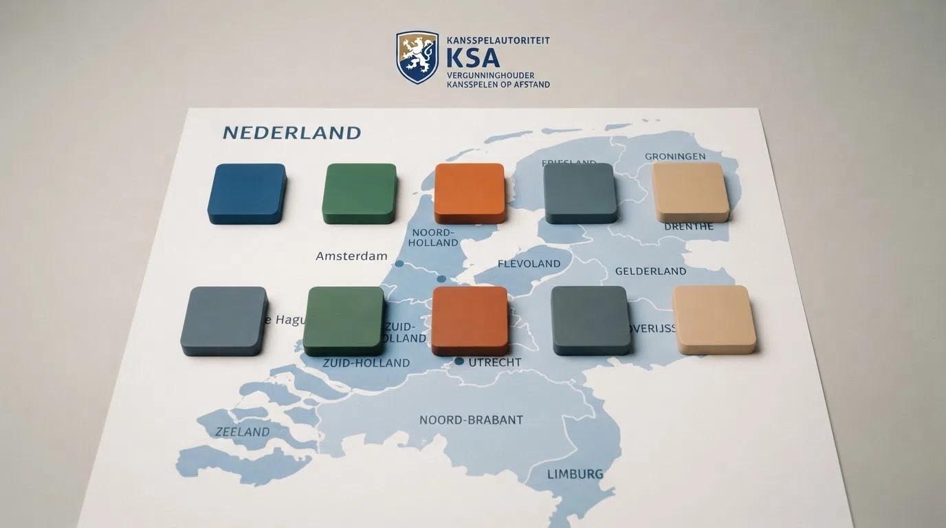 Een overzicht van KSA-vergunde online casino-logo's gerangschikt op een Nederlandse kaart, met het Kansspelautoriteit-keurmerk prominent bovenaan de pagina.