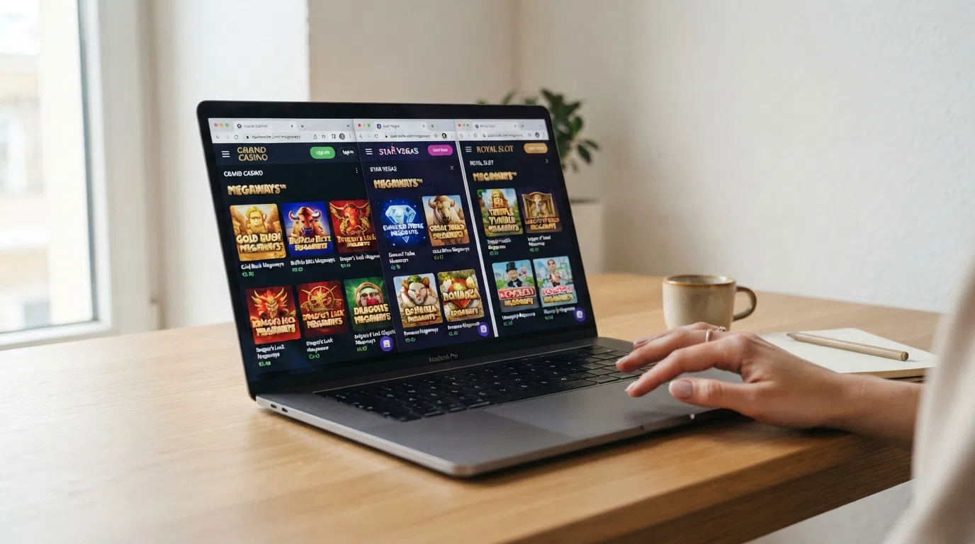 Een zij-aan-zij-overzicht van de interfaces van drie KSA-vergunde casino's met hun Megaways-categoriepagina's in beeld
