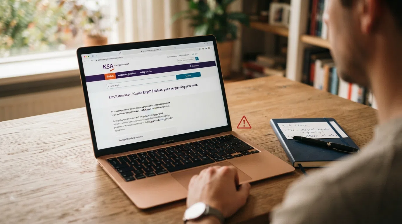 Een screenshot van de Kansspelwijzer-website van de KSA met een zoekopdracht naar een vergunninghouder, naast een waarschuwingspictogram
