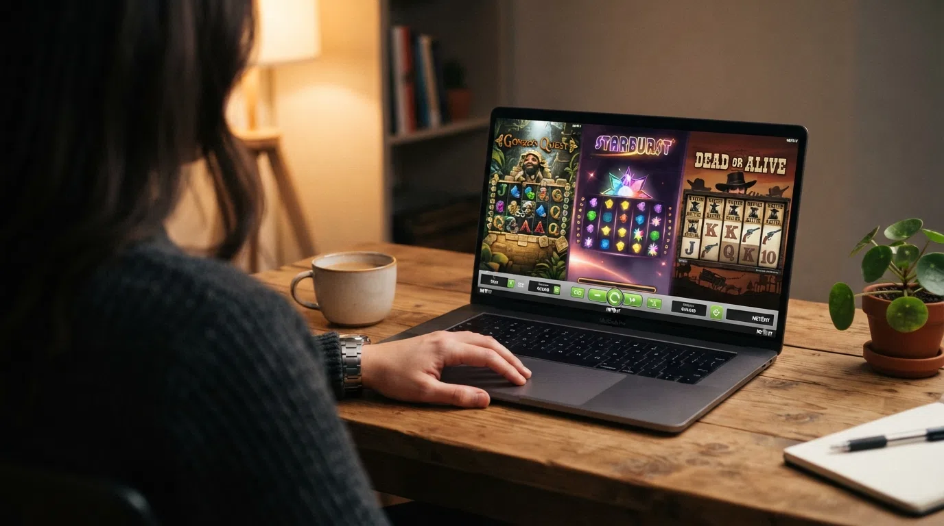 De NetEnt-gokkasten Starburst, Gonzo's Quest en Dead or Alive op een computerscherm met hun kenmerkende graphics