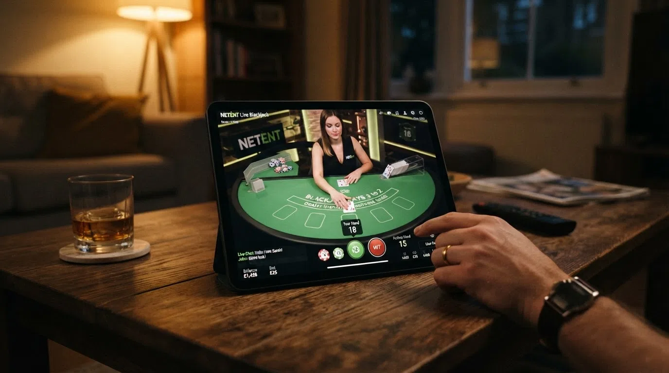 Een live dealer aan een blackjacktafel in een online NetEnt casino, met chatvenster en inzetopties zichtbaar