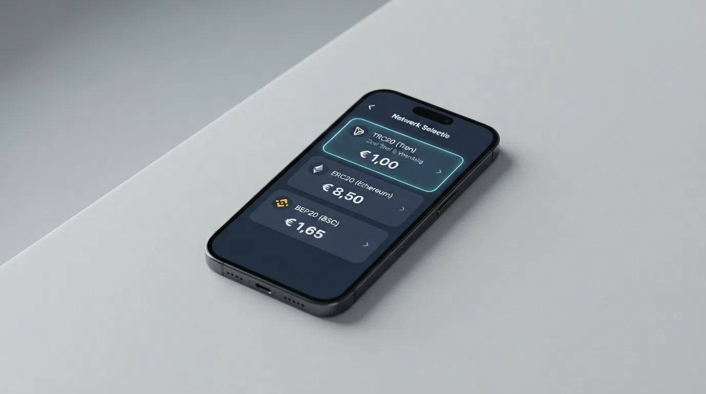 Een schermafbeelding van een crypto-wallet met drie netwerkopties (TRC20, ERC20, BEP20) en hun transactiekosten in dollars