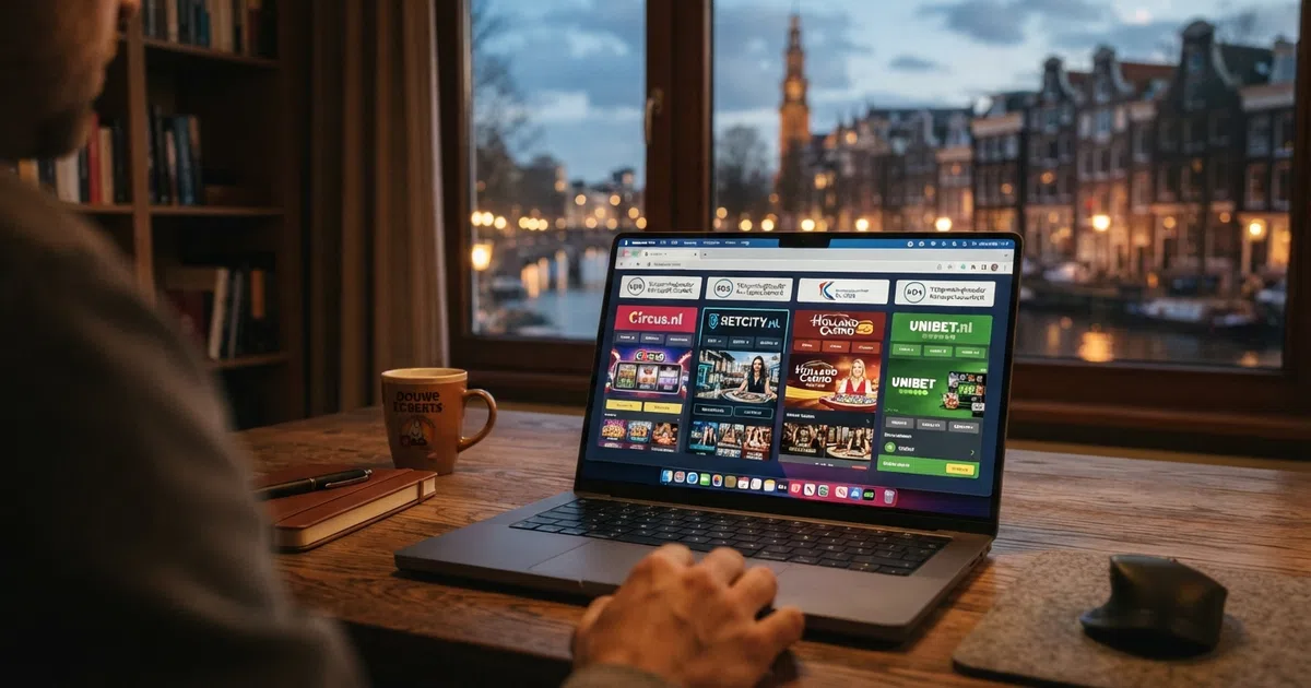 Een overzichtelijke rij nieuwe online casino-interface's op een laptopscherm, met het KSA-logo zichtbaar als keurmerk