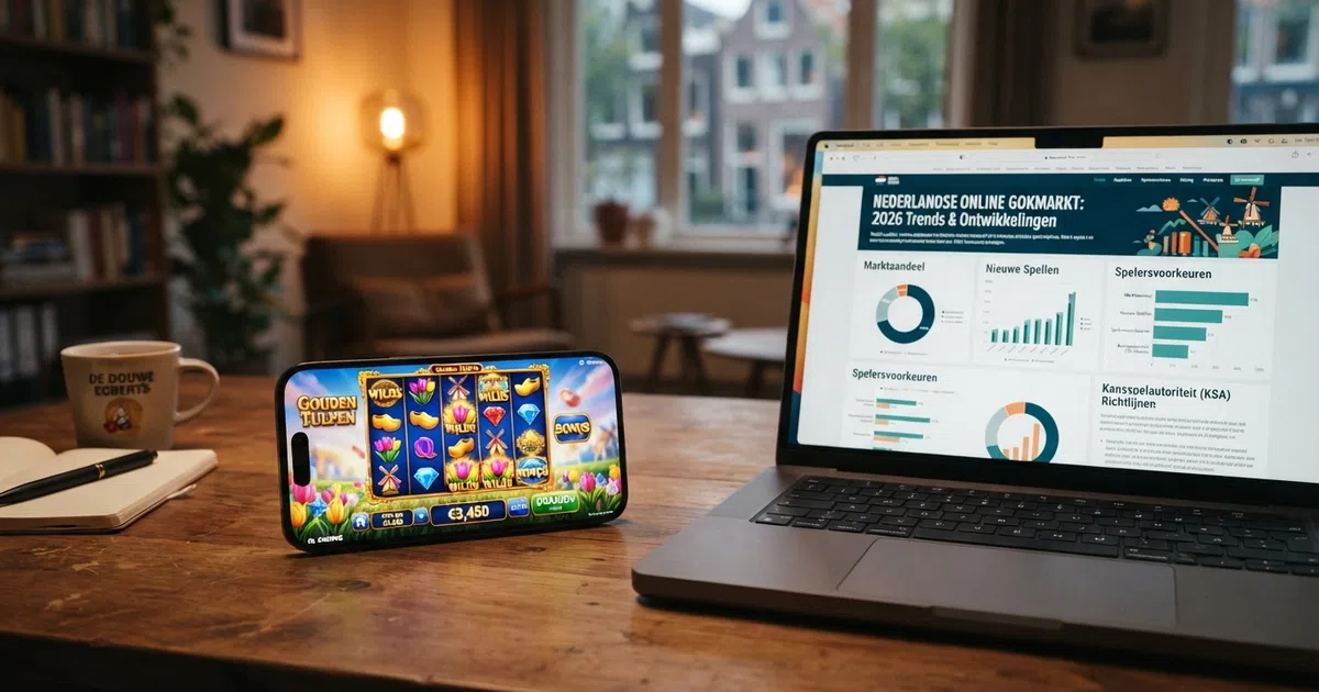 Een smartphone met daarop een nieuwste online gokkast in actie, naast een laptop met het overzicht van de tien beste nieuwste casino's van Nederland in 2026
