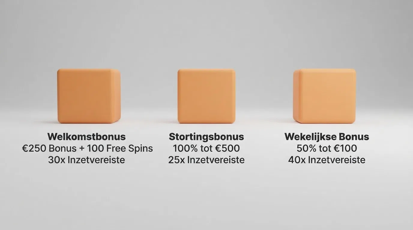 Drie kolommen met de logo's van Kansino, One Casino en TOTO naast elkaar, met onder elk logo het bonusbedrag en de rondspeelvoorwaarde in een helder overzicht.