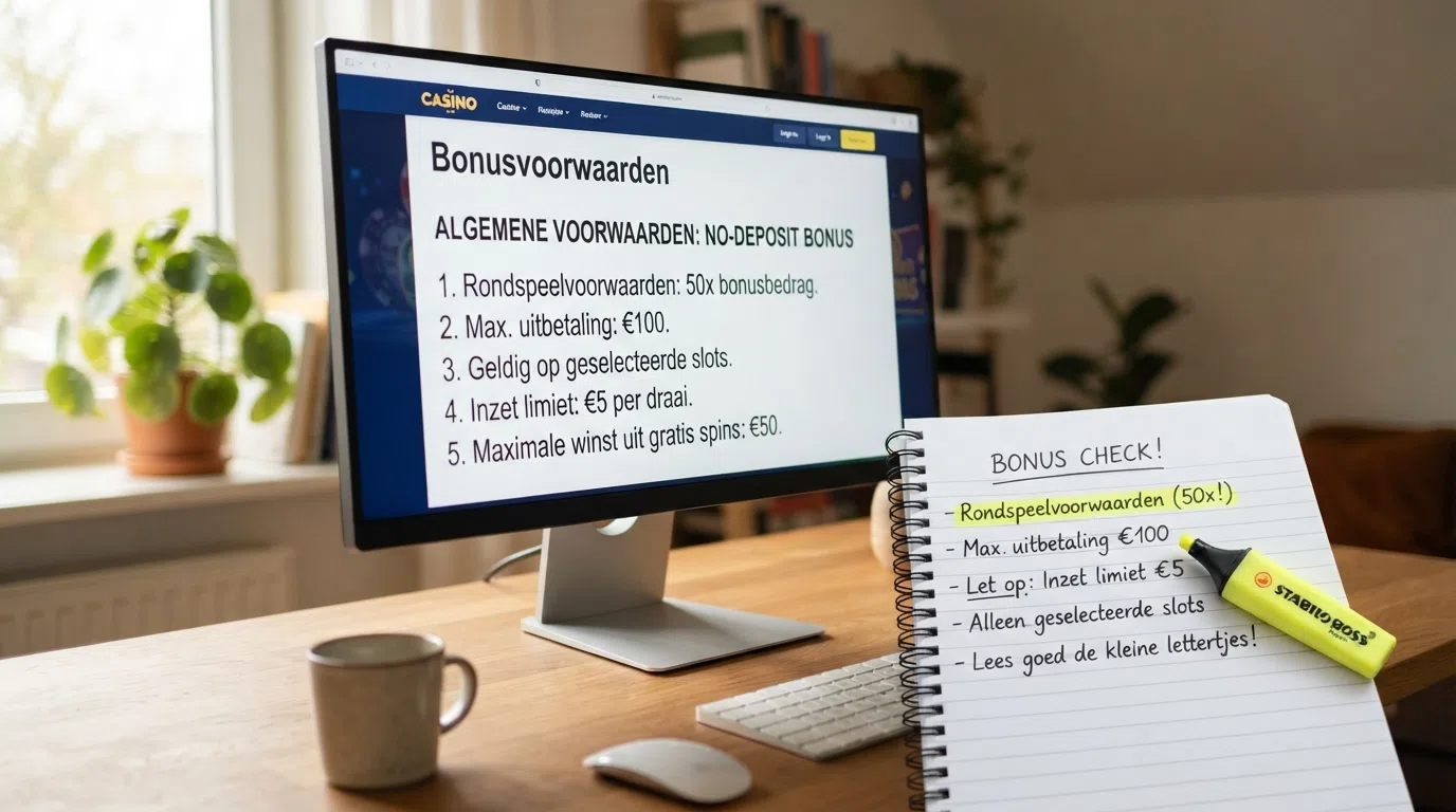 Een close-up van bonusvoorwaarden op een beeldscherm met een markeerstift die de rondspeelvoorwaarden accentueert