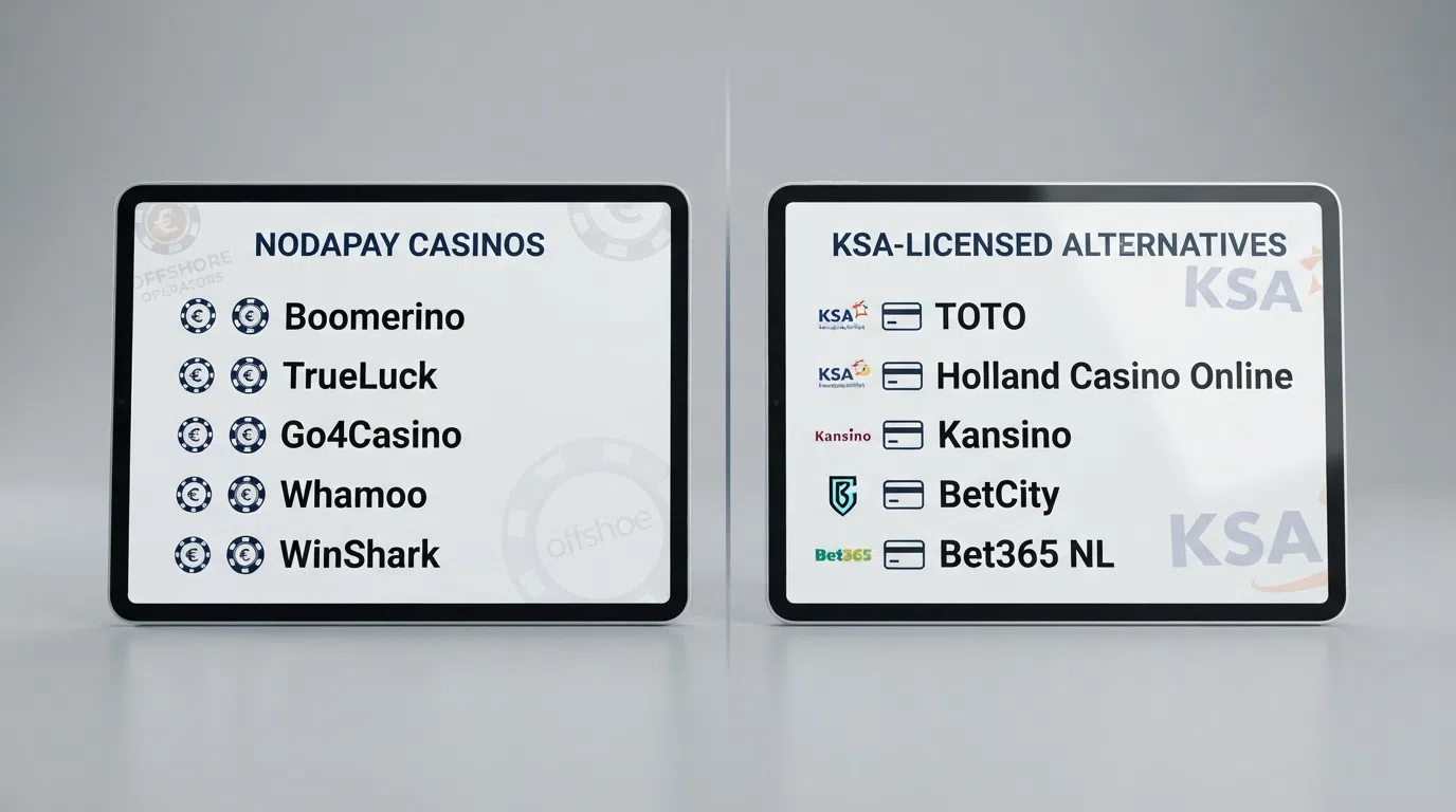 Een overzichtelijk vergelijkingsscherm met de logo's van de vijf Nodapay-casino's en vijf KSA-alternatieven, gesplitst door een middellijn