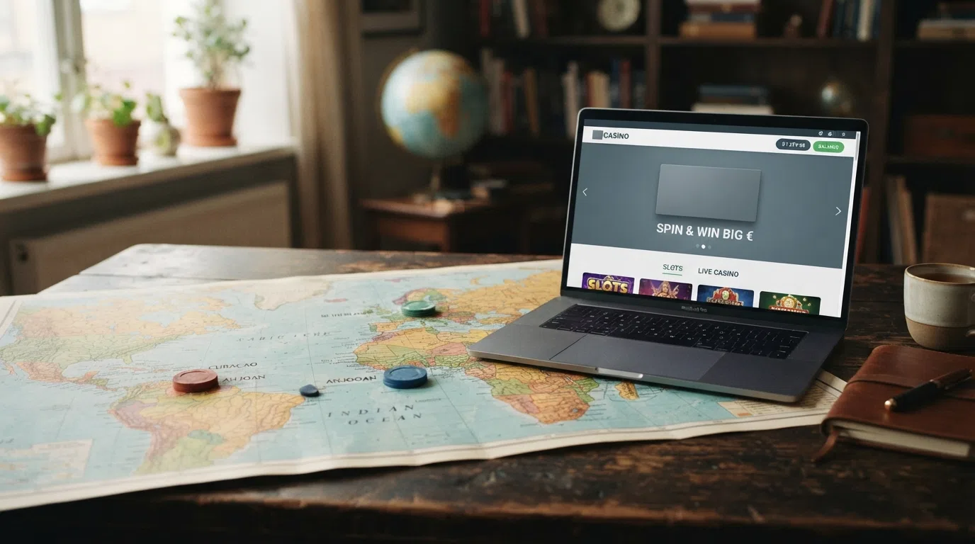 Een wereldkaart met Curaçao, Anjouan en Nederland gemarkeerd en lijnen naar een laptop met een casinopagina